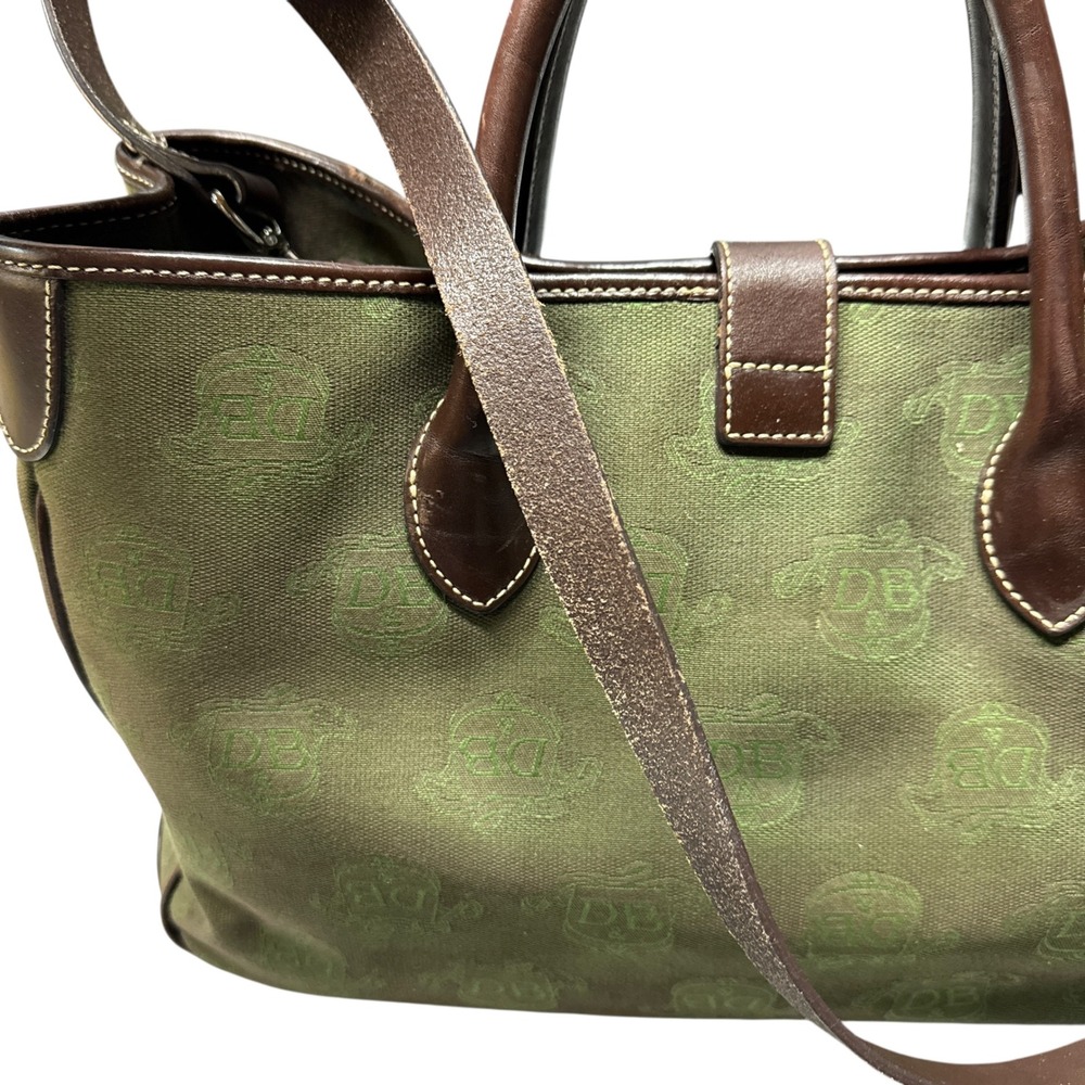 Dooney and Burke Signature Canvas Tote Bag Green Brown Leather Trim Silver - Picture 3 of 14